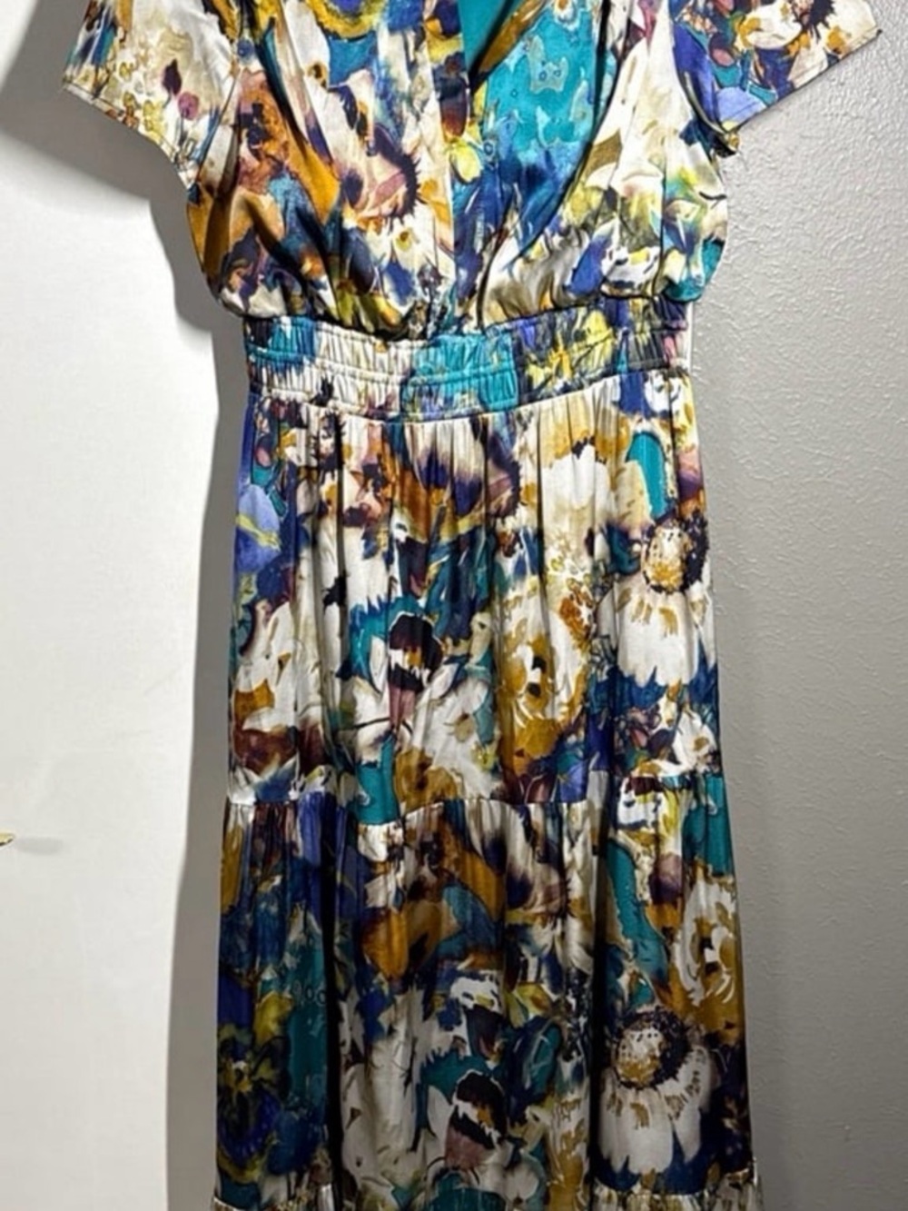 Floral Print Tiered Maxi Dress - Teal, Blue & Mustard